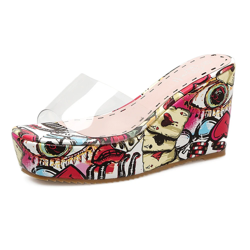 2020 женские сандалии на танкетке с граффити 9 см высокий каблук 4 5 шлепанцы