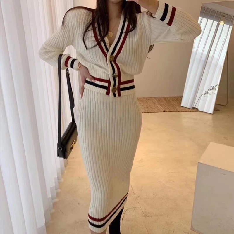 

New 2021 Two Piece Set Women Korean Autumn And Winter V-neck Bordered Contrast Color Knitted Sweater High Waist Bodycon Skirt
