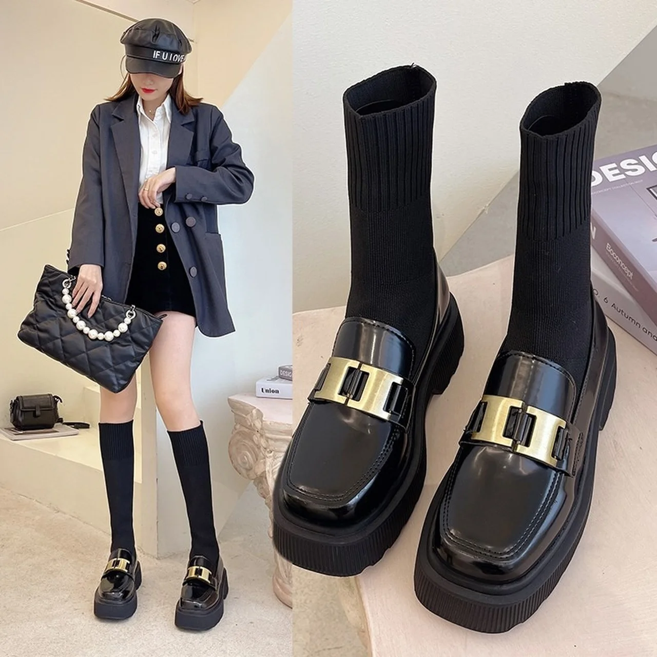 

Elastic Socks Boots Women Autumn 2021 New Fashion Metal Button Knitted Show Thin Knee High Boots Square Head Platform Boot Shoes
