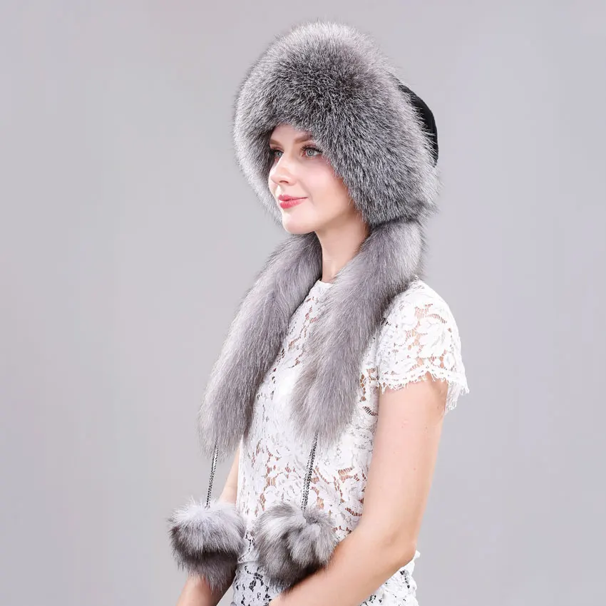 

Real Fox Fur Hat For women winter accessories with Rabbit Top bonnet with Long Tail Pompoms Russian Trapper Hat Fall Bombers Cap