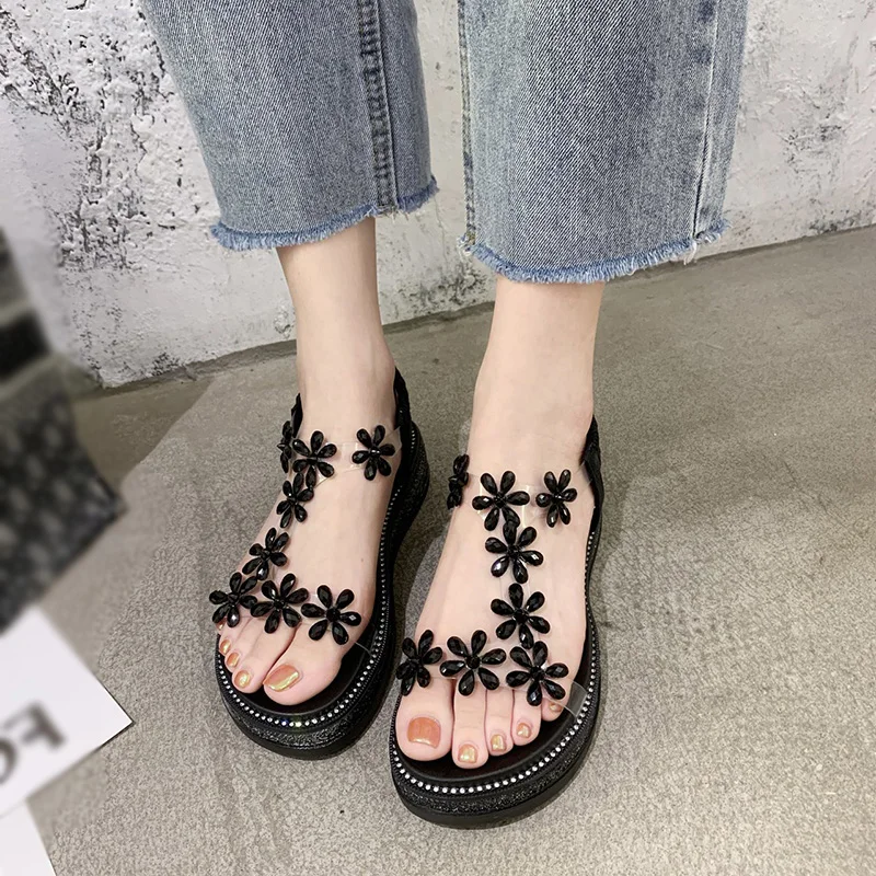 

2021 Crystal Flowers Clear Platform Sandals Femme Creepers Elastic Band Sandalia Carved Knitted Grain Height Increasing Shoes