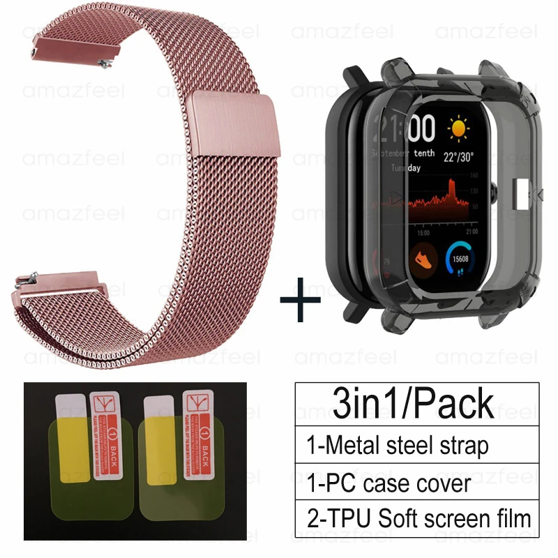 rose pink-black 3в1 Для Amazfit GTS ремешок+ ТПУ чехол для Huami Amazfit gts Smartwatch Защитная пленка для экрана браслет ремешок на запястье - Цвет: rose pink-black