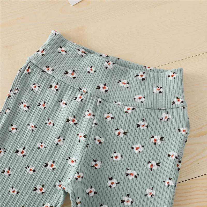 

0-3Y Fashion Toddler Kids Girls Summer Clothes Sets Floral Print Knitted Bandage Crop Tops+High Waist Flare Pants Casual Outfits
