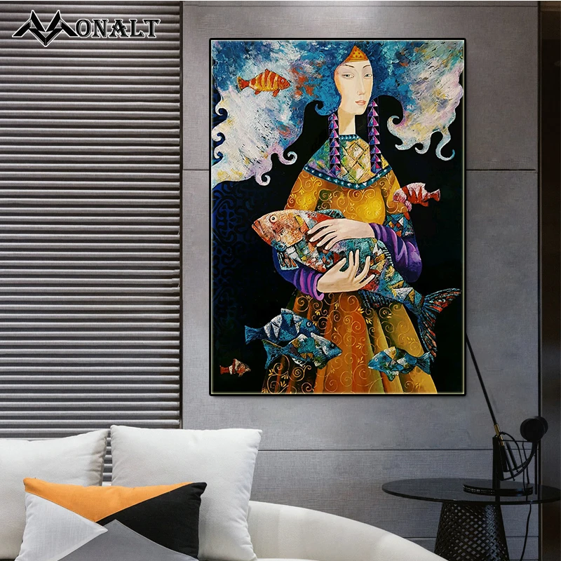 

Modern abstract art girl fish ocean oil painting canvas prints figure animal luxury posters and prints for livingroom decoration