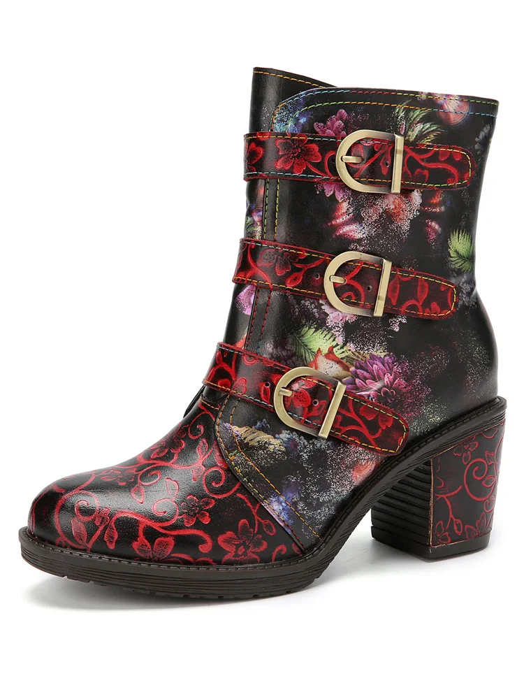 

SOCOFY/женские ботильоны в стиле ретро с цветочным узором; Тканевые теплые короткие ботинки на не сужающемся книзу массивном каблуке с металли...