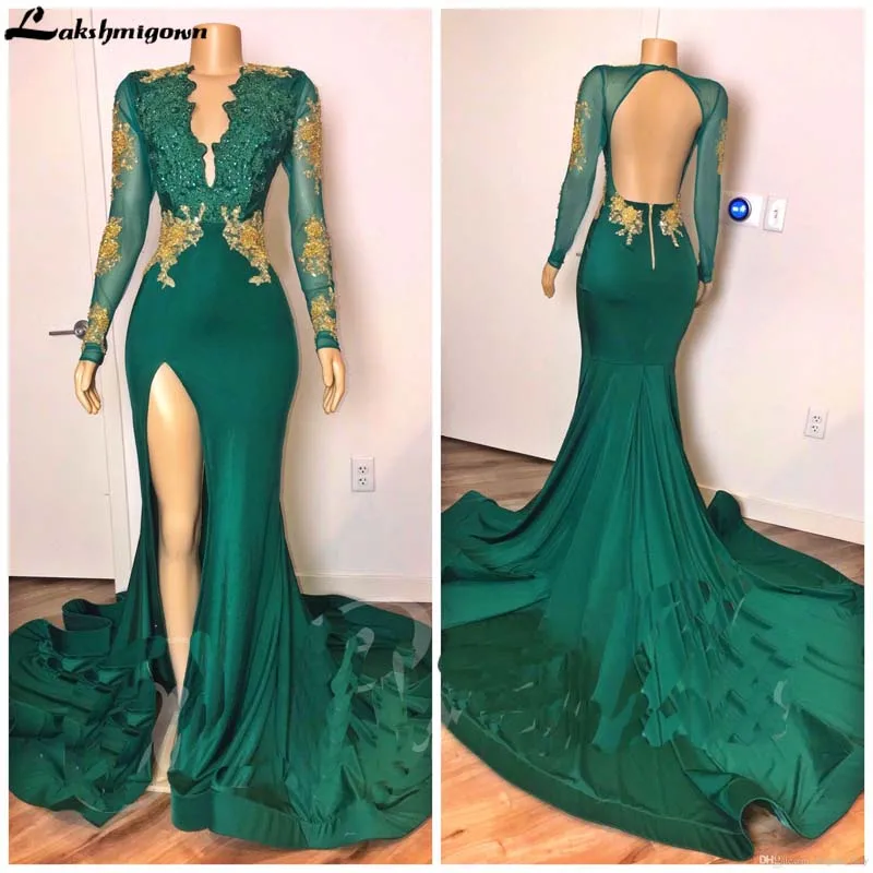 

Hunter Green Long Sleeve Prom Pageant Dresses 2020 Long Luxury Gold Lace Appliques Beaded V-neck Backless Prom Gowns Women Dress