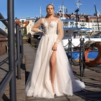 luxury a line wedding dresses lantern sleeve v neck gowns 3d three dimensional lace applique sexy high split robe de mari%c3%a9e