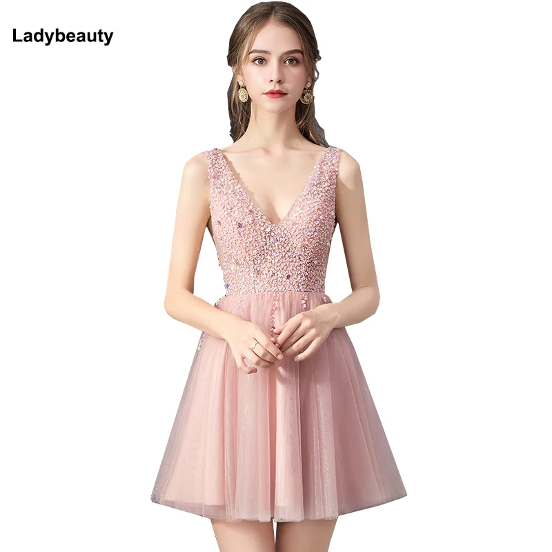 Ladybeauty/сексуальное короткое вечернее платье с v образным вырезом украшенное