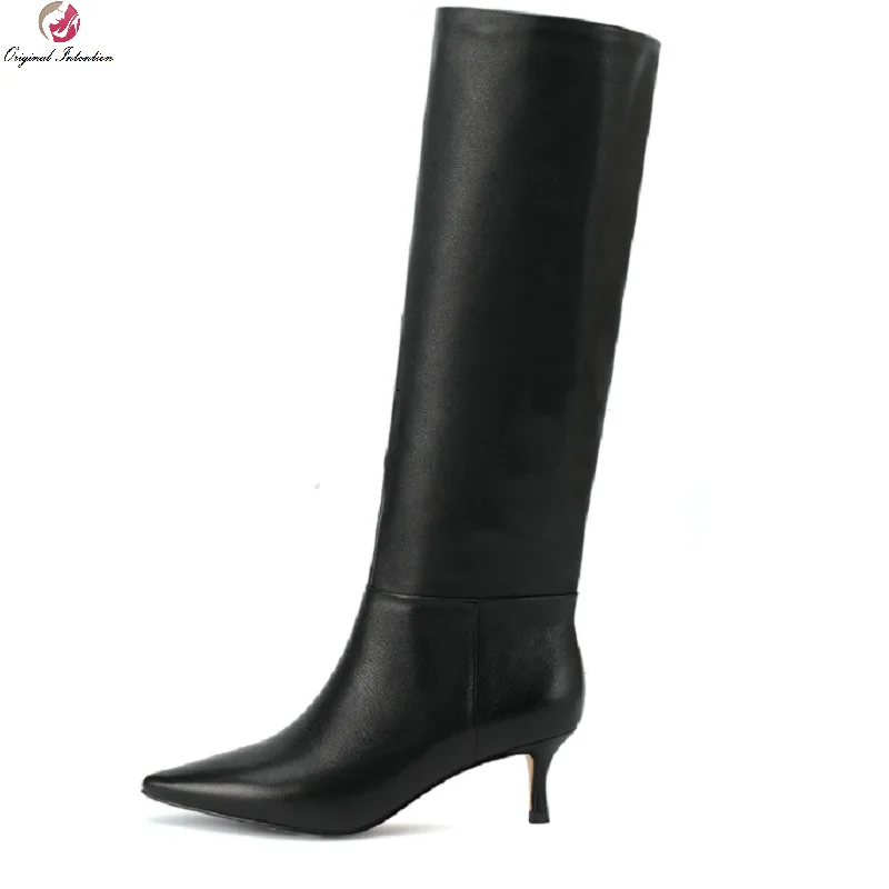 

FASHION Women Knee High Boots Kitten Heels Boots Comfortable Side Zip Winter Shoes Woman Zapatos Mujer Large Size 34-47