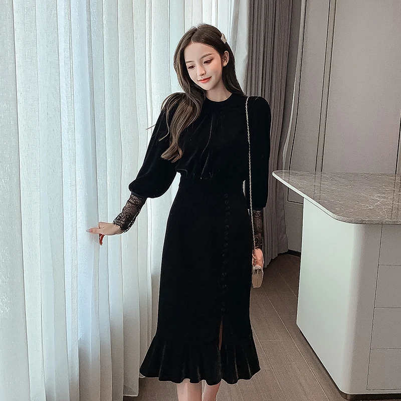 

COIGARSAM Sexy Patchwork Women one-piece dress korean New Spring Office Lady Full Sleeve Lace Solid O-Neck High Waist Dresses Bl