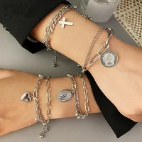 head heart jesus cross coin bracelet for women fashion gold silver color metal pendant charm bracelets jewelry gift wholesale