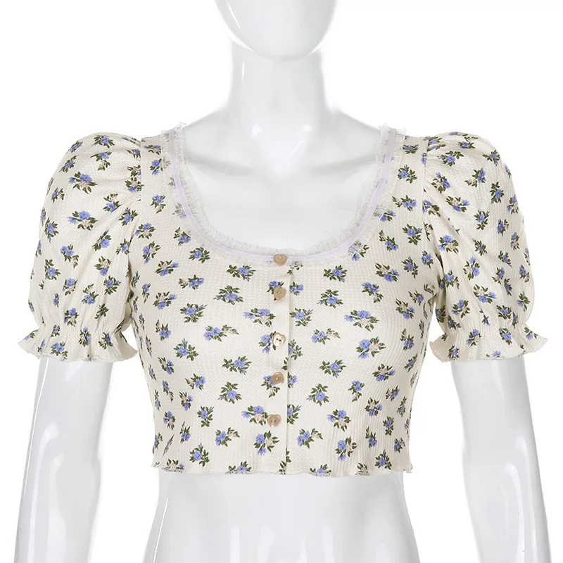 

Women's t-shirts Summer Top Printed and dyed lace square neck short cropped slim top traf T-shirts harajuku sexy floral T-shirt