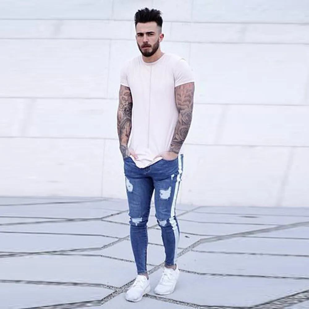 Мужские потертые джинсы рваные в стиле панк Стрейчевые зауженные на