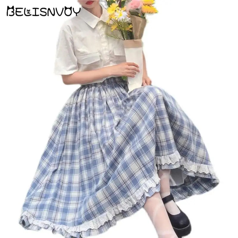 

Japanese Preppy Style Summer Women Skirt High Waist Vintage Plaid Skirt Elegant Ruffles Ulzzang Cute Kawaii Midi Lolita Skirts