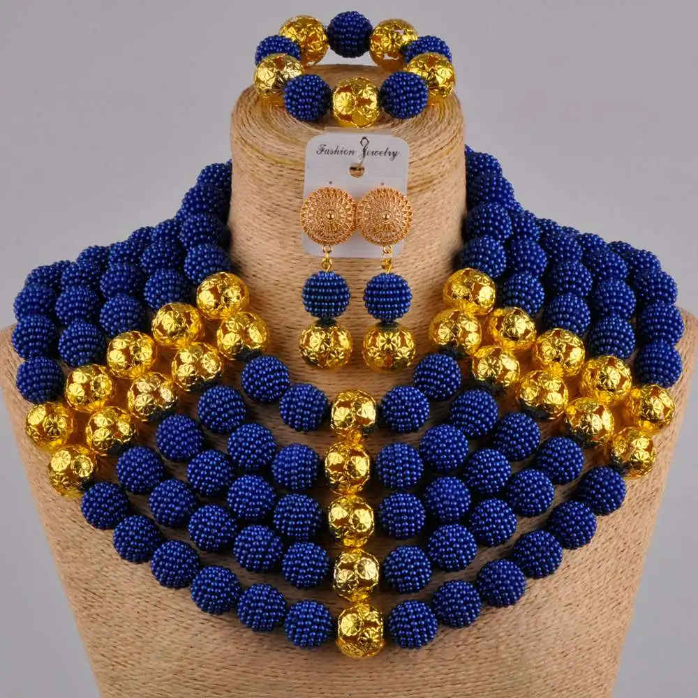 

royal blue african jewelry set nigerian beads simulated pearl necklace for women FZZ28