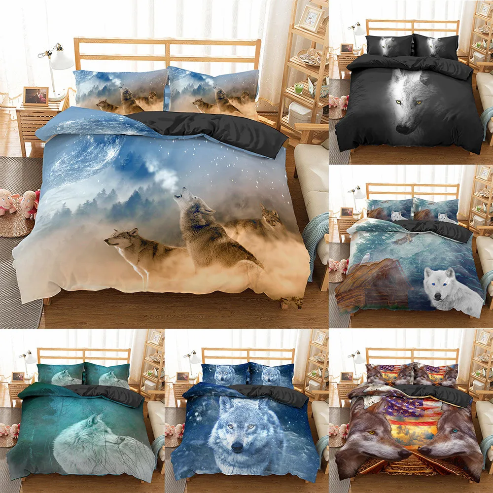 

2021 3D Wolf Bedding Set Queen King Animal Duvet Cover Sets Wolf Bed Set 2/3pcs Luxury Bedclothes For Kids Adults