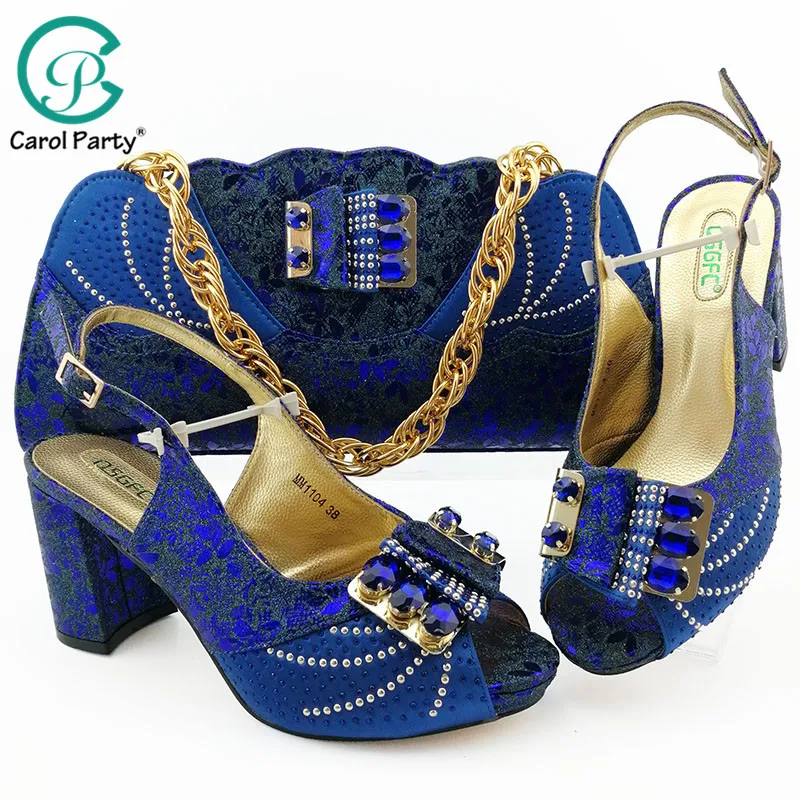 

New Arrival Royal blue Shoes with Matching Bag Set Decorated with Rhinestones African Shoe and Bag Set To Match for Party