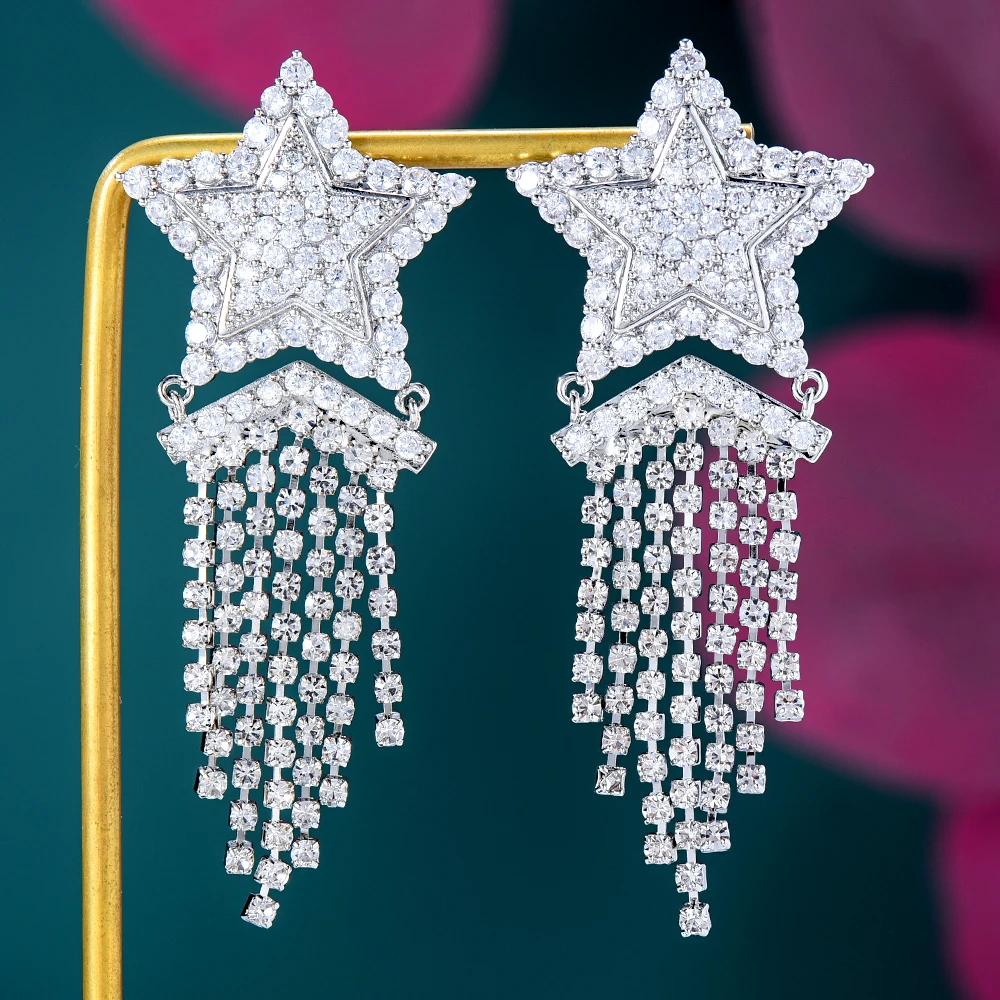 

Soramoore NEW Trendy Luxury Star Tassel Cluster Earrings For Women Wedding Cubic Zircon Crystal African Dubai Bridal Earrings