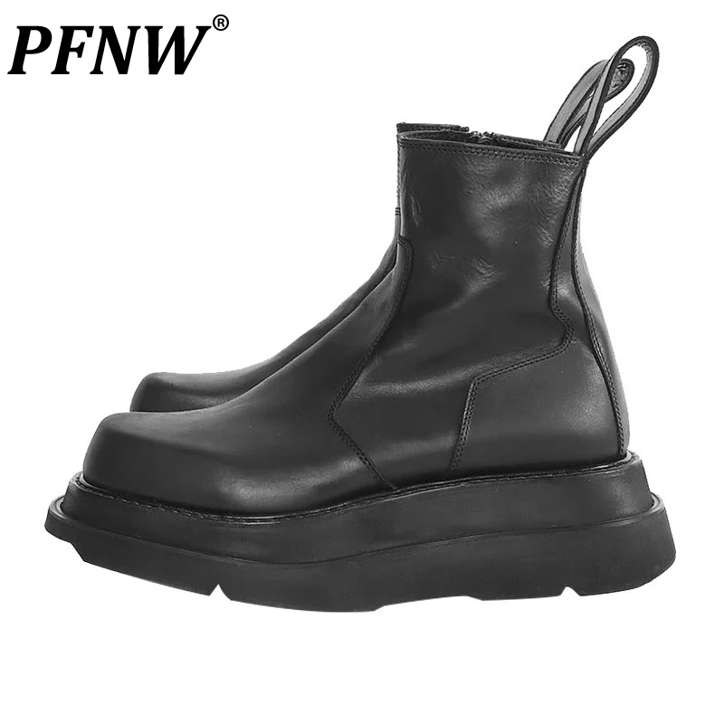 

Мужские кожаные ботинки на толстой подошве PFNW, черные короткие кожаные ботинки в Корейском стиле, средней высоты, 9Y8578, для осени и зимы