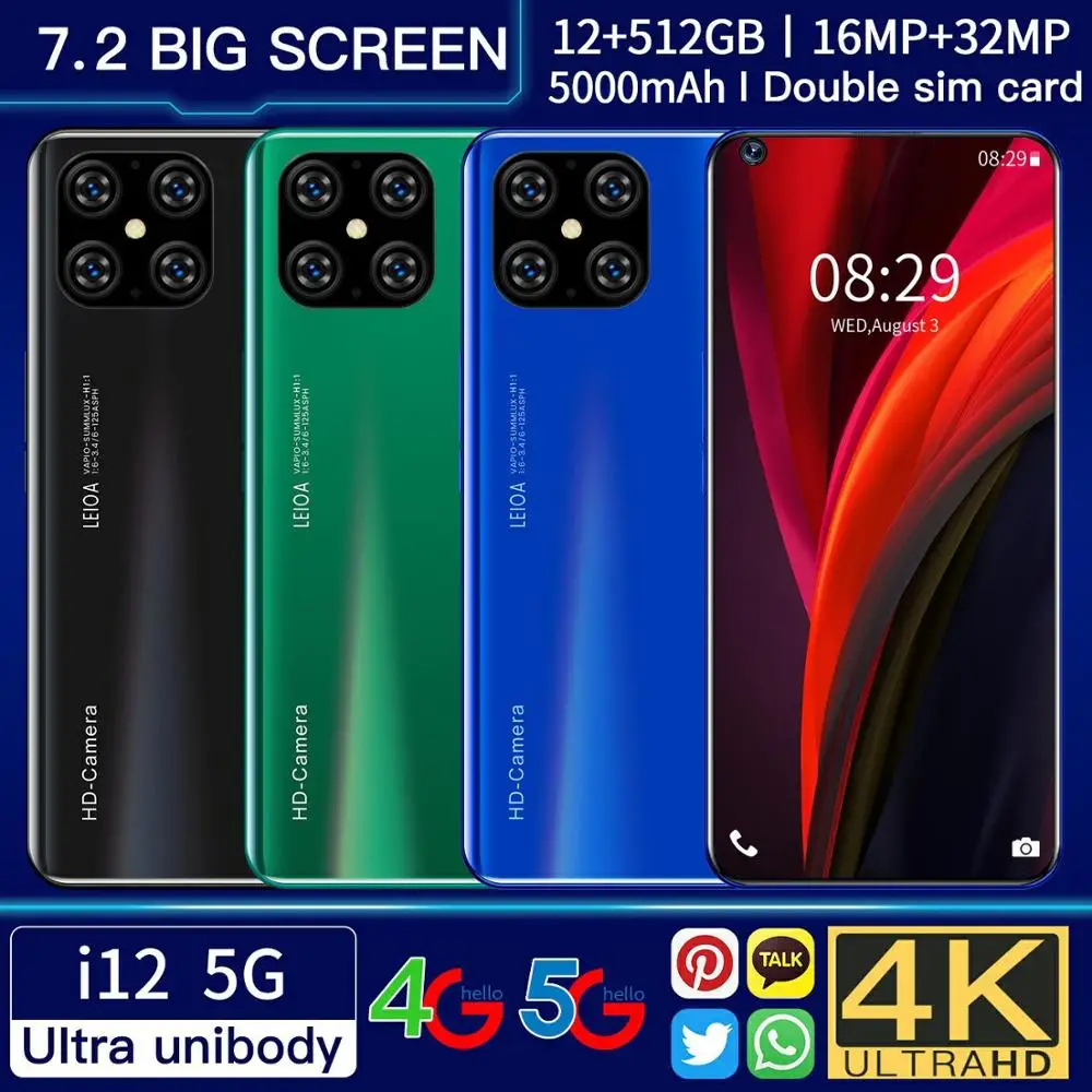 

Android 10 Global Version 7.2" FDH i12 Mobile Phone 12GB 512GB 10Core 5000MAH 32MP Camera OS Smartphone Face Unlock Google Play