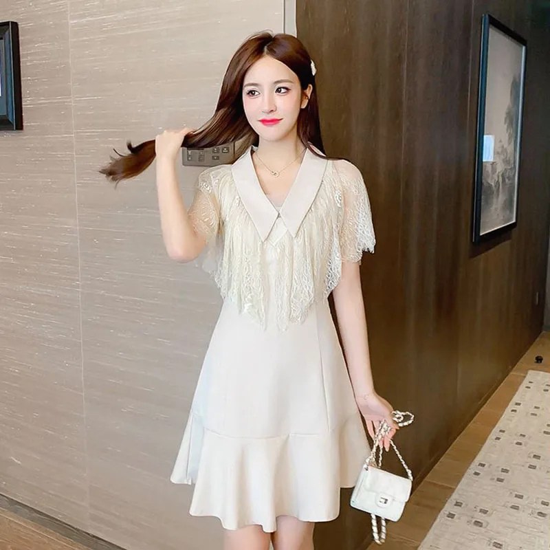 

2021 Summer Dress Sweet Lady Temperament Cloak Lace Flounce Hem Skirt Short Sleeved Dress Casual Fashion