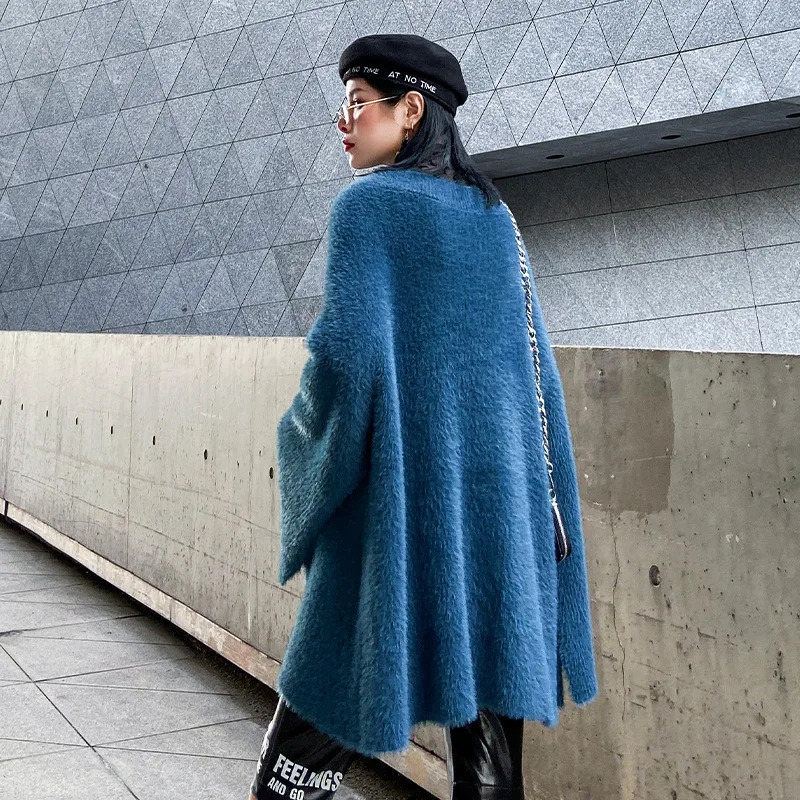 Mohair Faux Fur Sweater Women Winter Base Kint Pullover V-neck Thick Ladies Blue Black Oversized Loose Fit Coat | Женская одежда