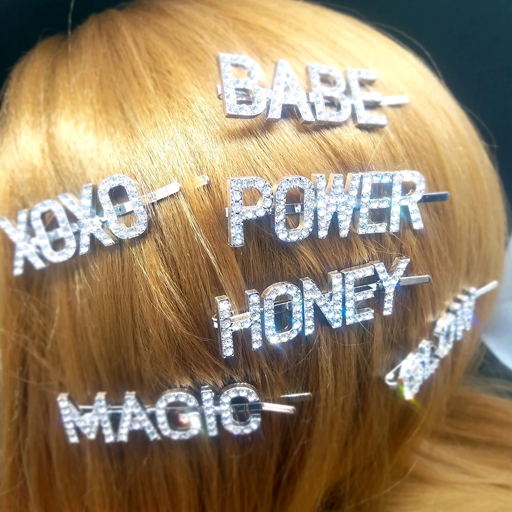 Оптовая продажа заколки для волос со словами светящиеся Xoxo волшебные стразы