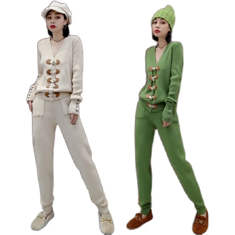 

Casual 2 Piece Set Women 2021 Autumn Female Casual Tracksuits 2pcs Single Breasted Knitting Tops+Pants Two Pieces Set Spring