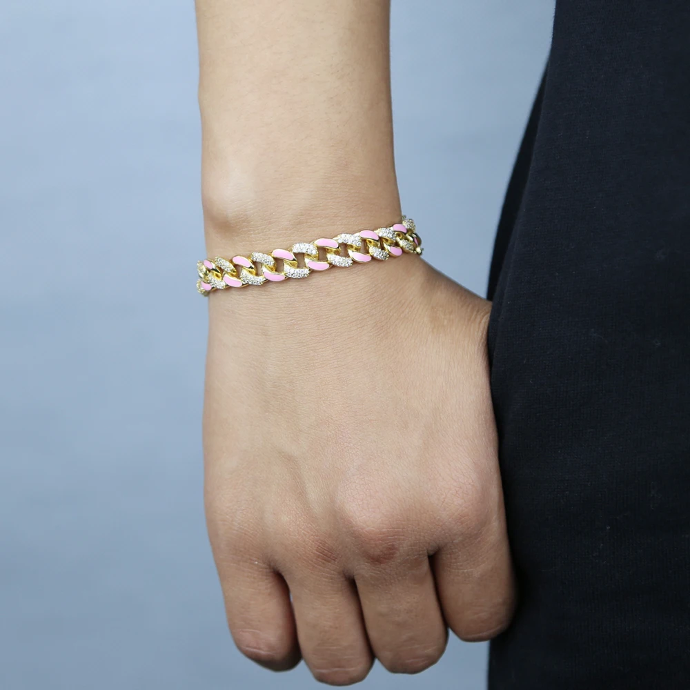 

Fashion Neon Enamel Charm 8mm Paved CZ Bracelet for Women Colorful Cuban Chain Party Iced Out Bling Bangle Jewelry Wholesale