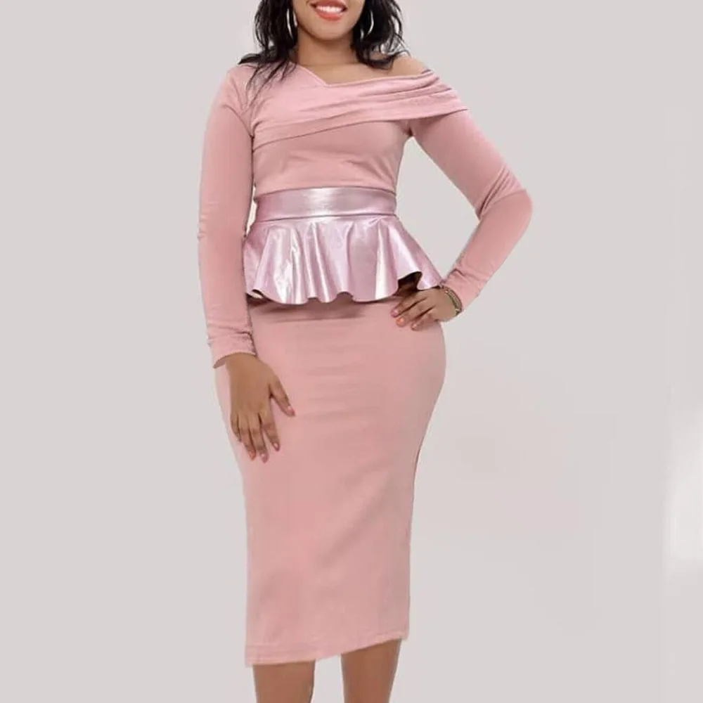 Розовое женское платье бодикон элегантное весна 2020 с рюшами высокая талия