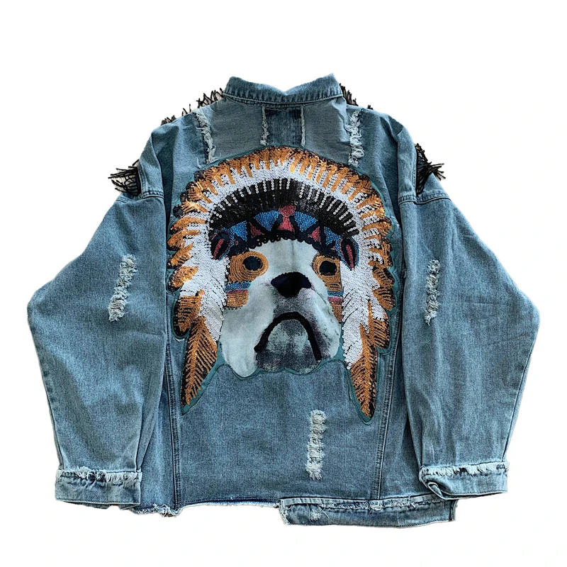 

ABOORUN Men's Fashion Dog Embroidery Denim Jackets Sequins Hole Jean Coat Hip Hop Streetwear Jackets for Couples