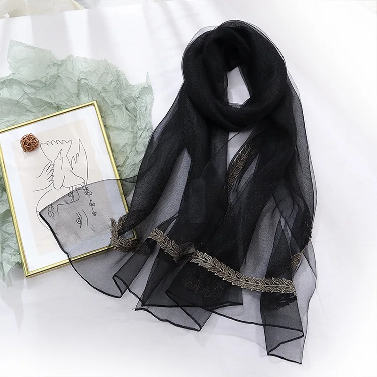 Шелковый женский шарф золотистый/серебристый шелк весна-осень Солнцезащитная