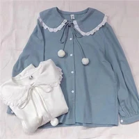 qweek kawaii peter pan collar women shirts lace blouses with bow soft girl japan style long sleeve 2021 spring autumn fashion