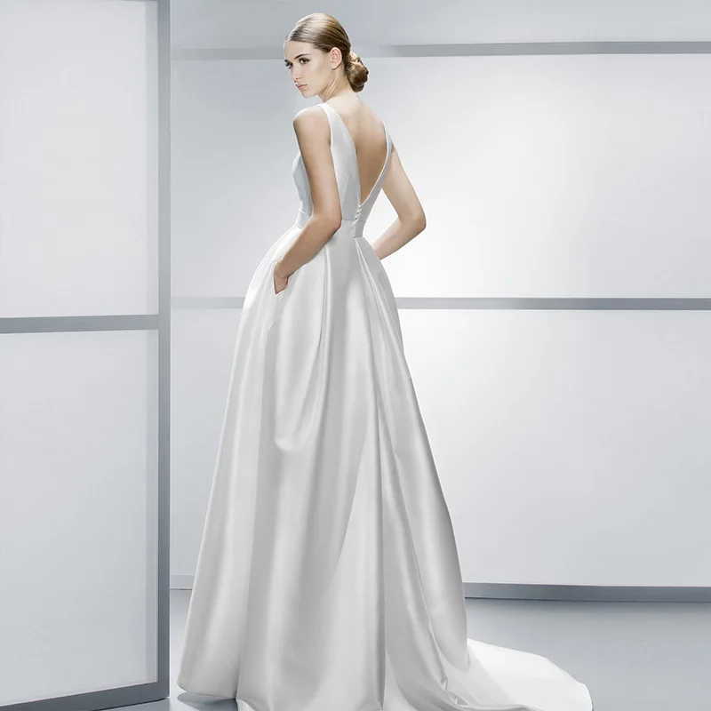 

White Satin Sleeveless A-Line Wedding Dress vestido de novia Eleant Long Dresses Sweep Train Lace Up robe de mariée Bride Dress