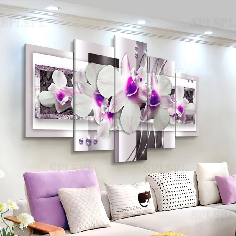

5 Panel Modern Canvas Painting Combined Flowers Posters and Prints Purple Orchids Canvas Printings Wall Pictures for Living Room