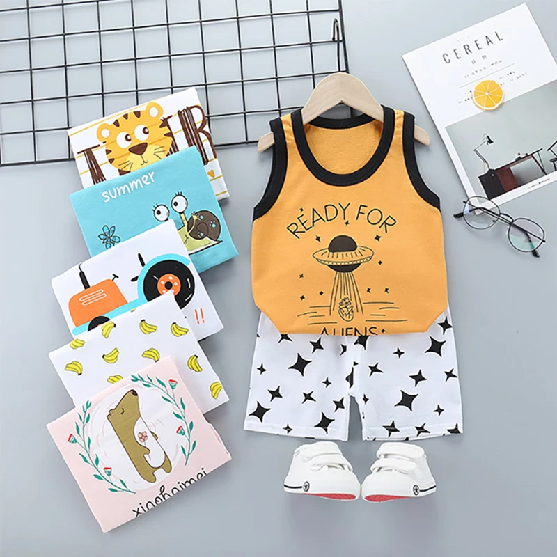 Chlidren Clothing 2Pcs Sets Tops + shorts unisex cartoon sleeveless summer Pajamas | Детская одежда и обувь