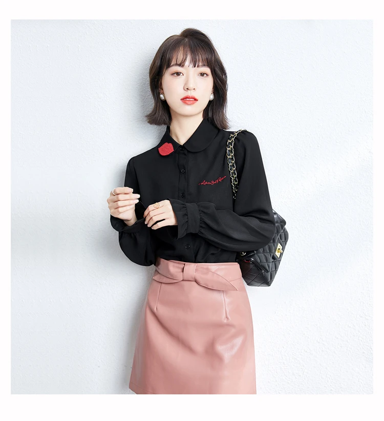 

Houthion Chiffon Slim Women's Blouses Embroidery Shirt Long Sleeve Top Fashion Spring/autumn New Casual Blouse Lady