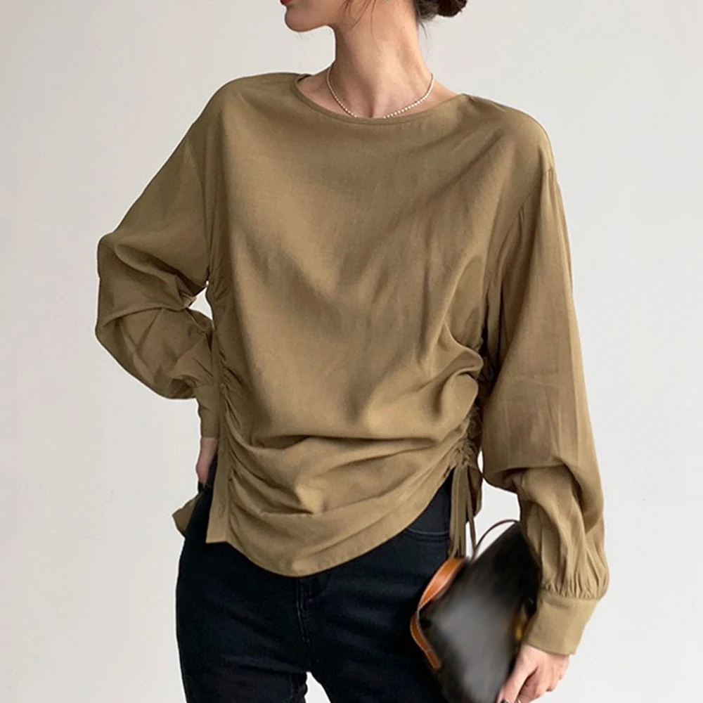 

Plain Round Neck Raglan Sleeve Pleated Standard Women's Blouse Casual Simple Office Commuter Ladies Pullover High Quality Shirt