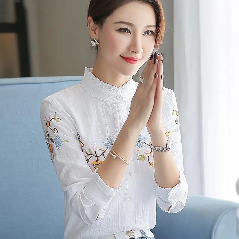 Женская блузка на осень и зиму женский топ с вышивкой белая рубашка длинным