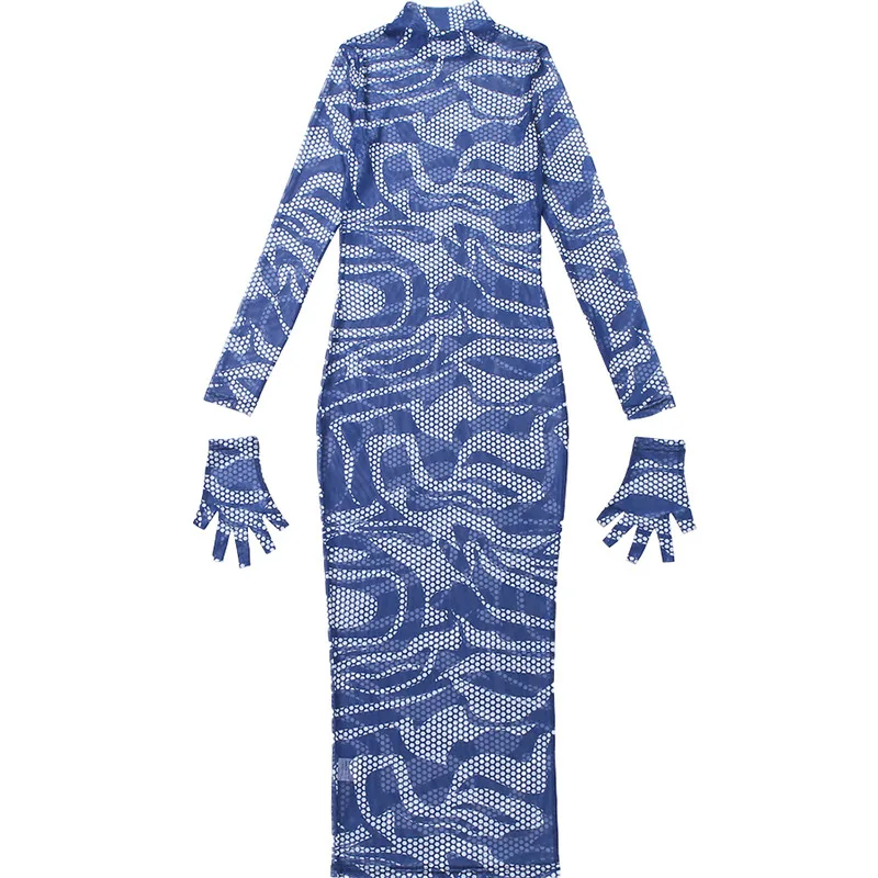

Womens Dress Mesh See Though Sexy Party Club Night Gauze Geometric Print Stand Neck Long Sleeve Bodycon Midi Dresses