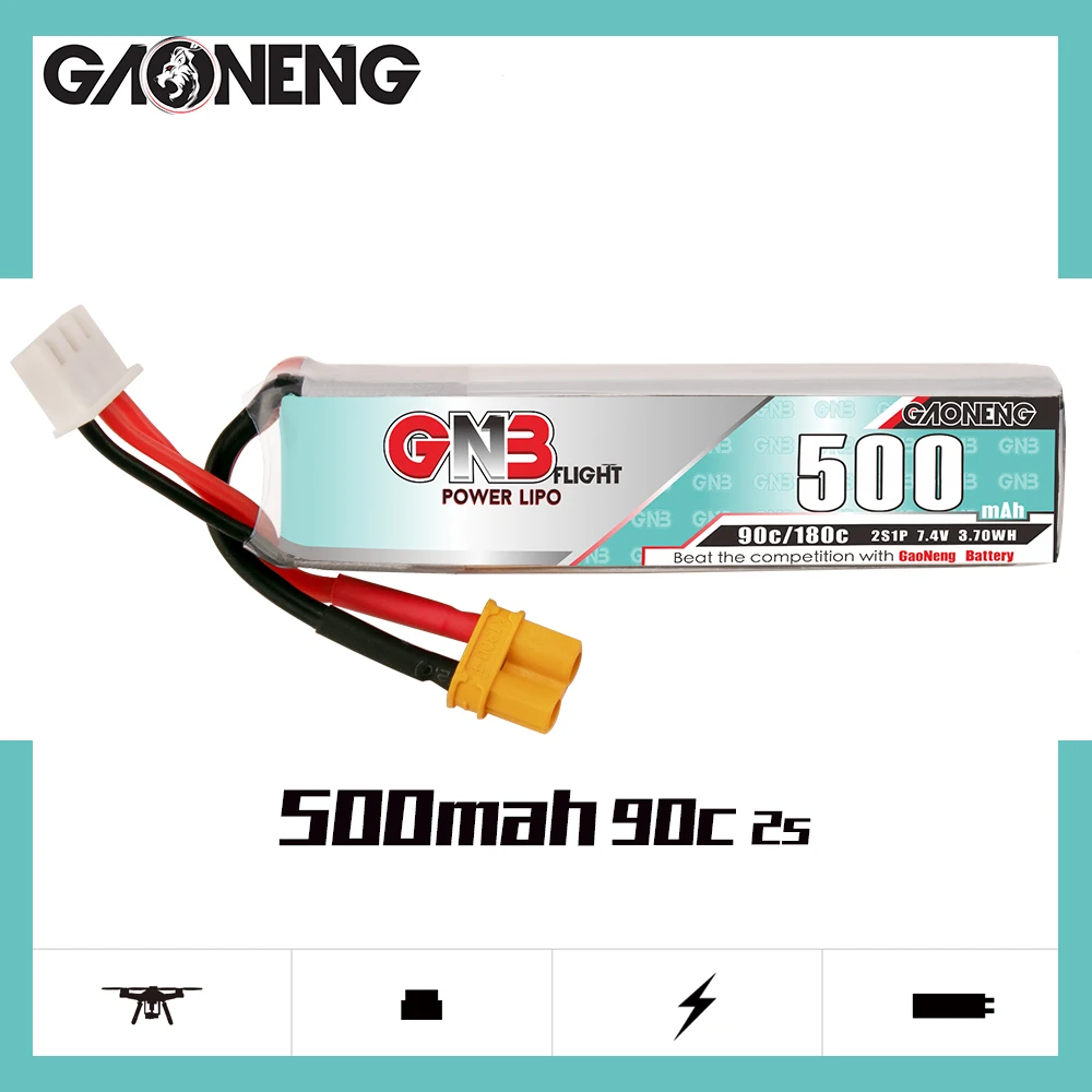 

2 шт., литий-полимерный аккумулятор Gaoneng GNB 2S 500 мАч 7,4 В 90C/180C с разъемом XT30 для Happymodel FPV Racing Cine Whoop BetaFPV RC Drone