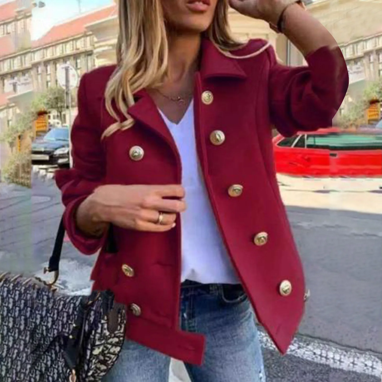 

Женское однотонное пальто с отложным воротником, модное двубортное пальто на пуговицах, с длинным рукавом и карманами, офисные Дамские курт...