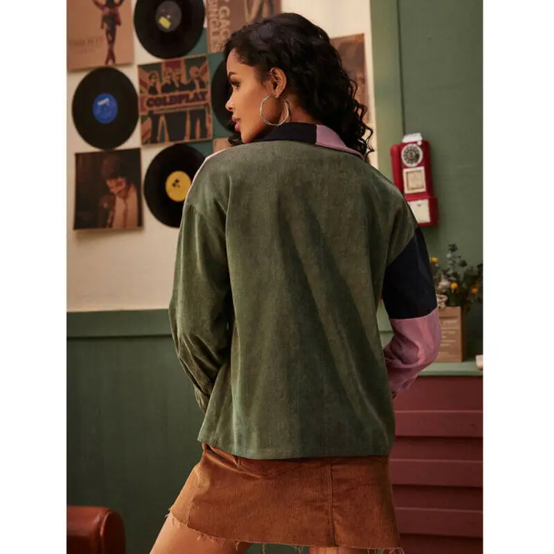

Autumn Corduroy Shirt Coat Women Popular Long Sleeve Turn Down Collar Short Jacket Patchwork Top Single Breasted Clothes Casual