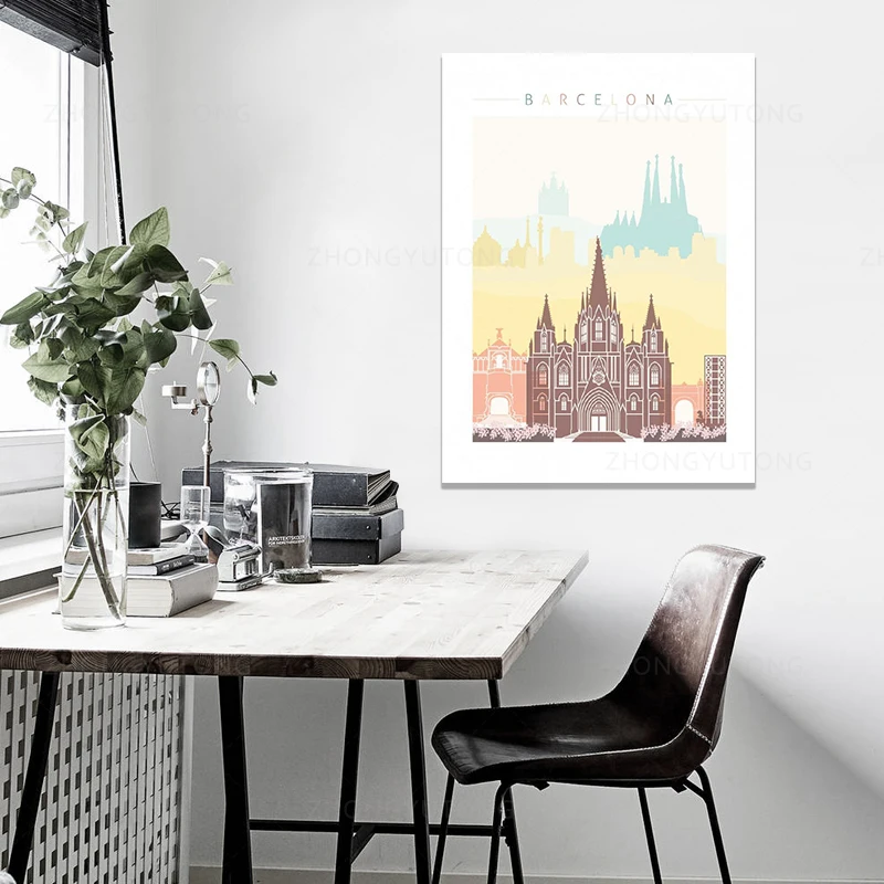 Плакат на стену Барселона современный минималистичный декор в рамке для спальни