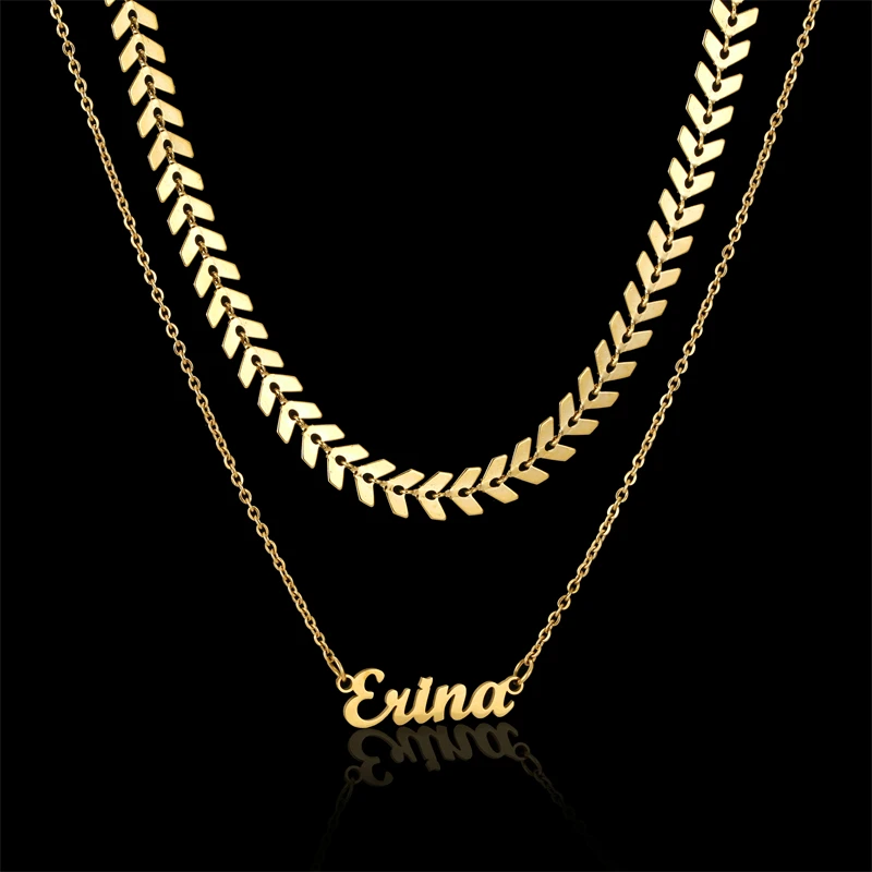 

Two Layer Custom Name Necklace for Women Men Personalized Exclusive Nameplate Pendant Neck Collar Bohemia Old English Letter