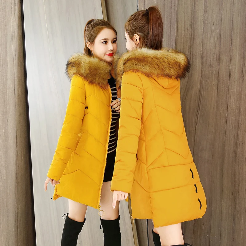 yellow coat Женская зимняя куртка на молнии с капюшоном, черная, желтая, красная, тонкая, с хлопковой подкладкой, теплая парка средней длины, женская зимняя куртка - Цвет: yellow coat