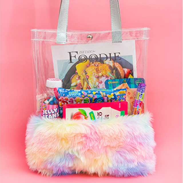 rainbow pink Bentoy красочные плюшевые сумки милая девушка сумка Прозрачная ПВХ желе сумки Корея Hyun Ah мех сумки Hasp Tote для женщин - Цвет: rainbow pink