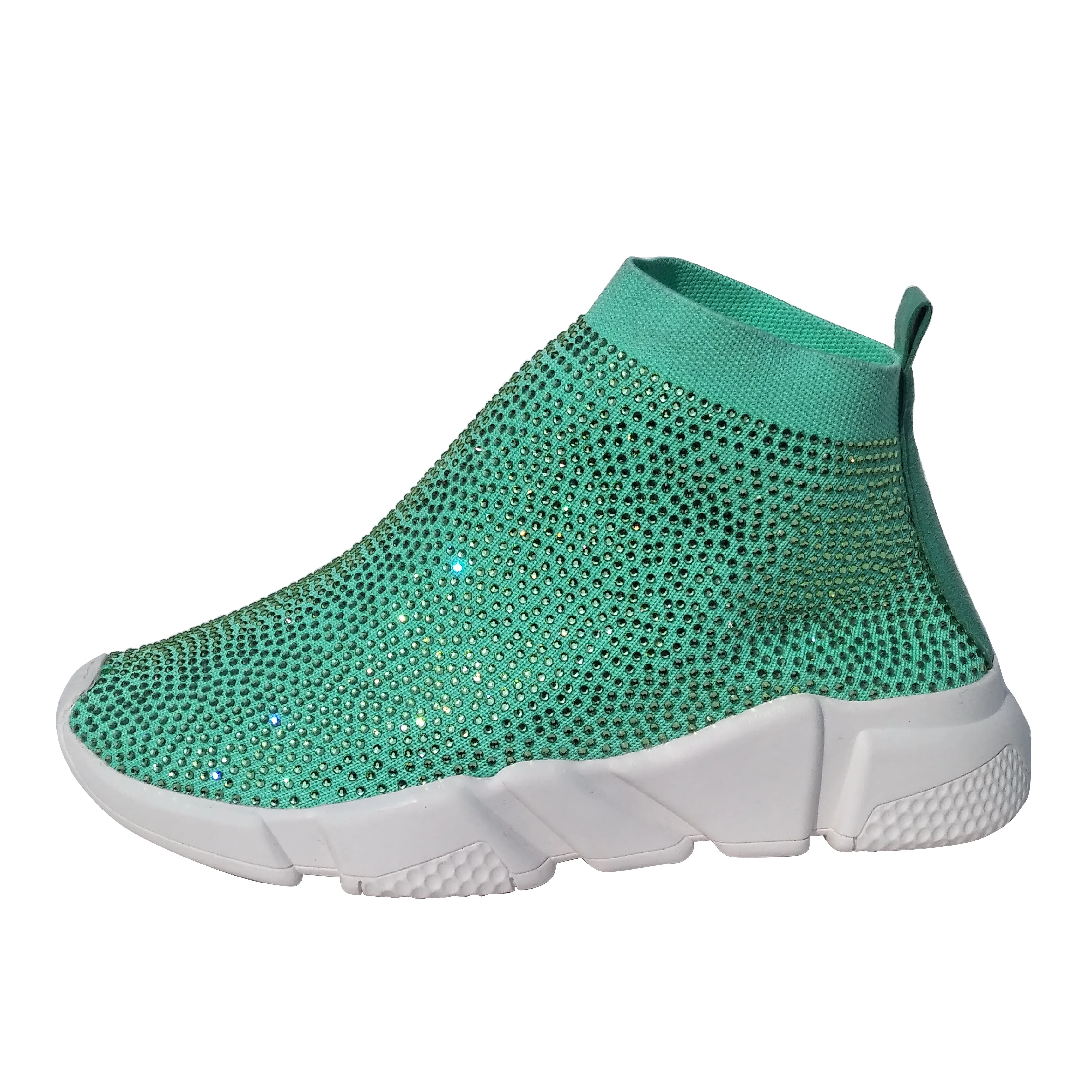 

Fashion Women Knitwear Sport Breathable Running Shoes Green Rhinestone Elastic Sock Casual Shoes Spring Flat Shoes Women 34-45