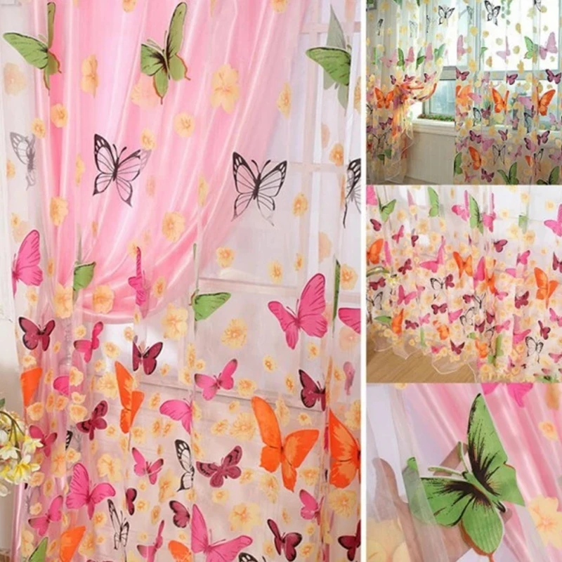 

200cm x 100 cm Butterfly Print Sheer Window Panel Curtains Room Divider for living room bedroom Kitchen Room Window Curtain