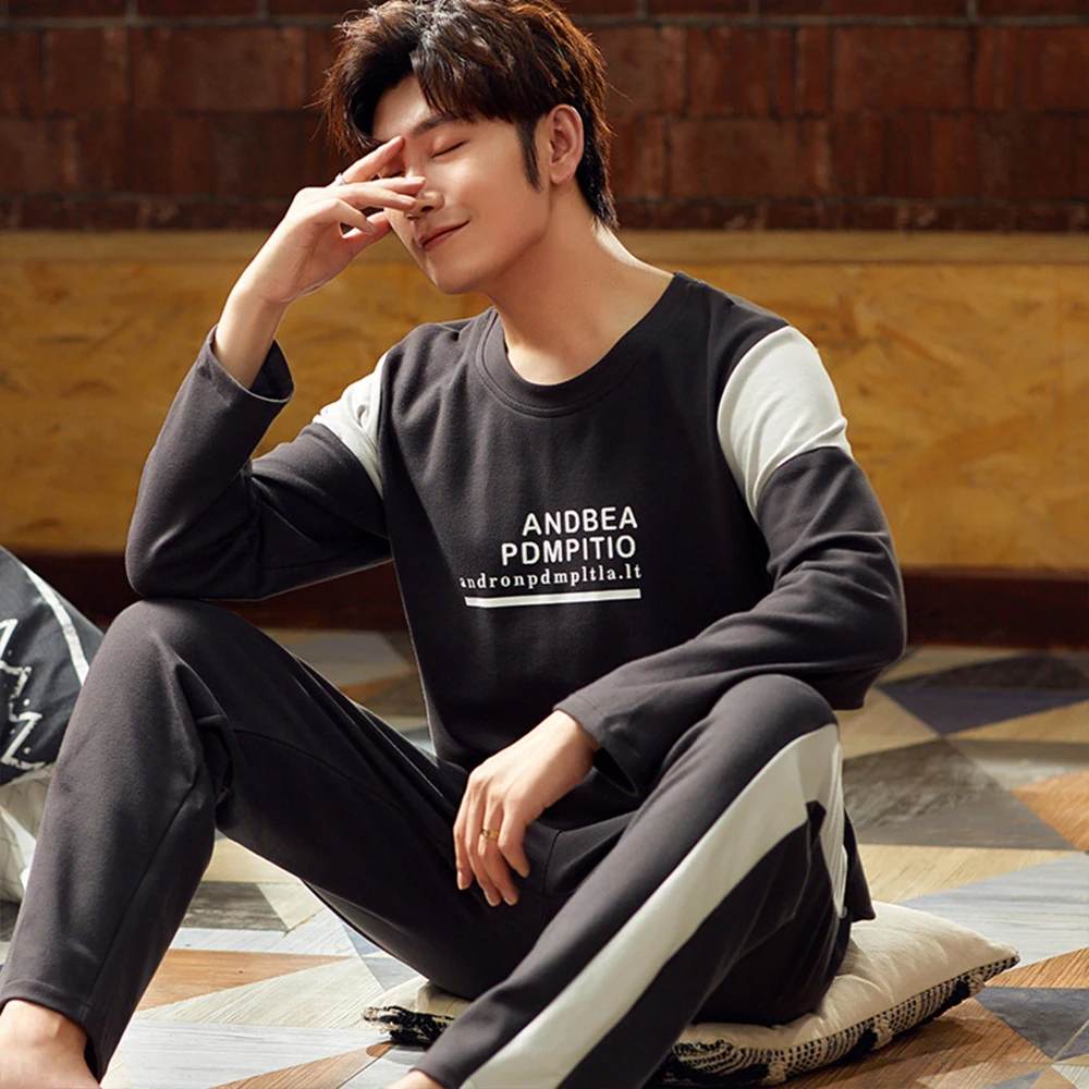 

Autumn Winter Men Knitted Cotton Pajamas Set Casual Long Sleeve Sleepwear Letters Print+Plaid Pants Homewear Pijama Hombre XXXL